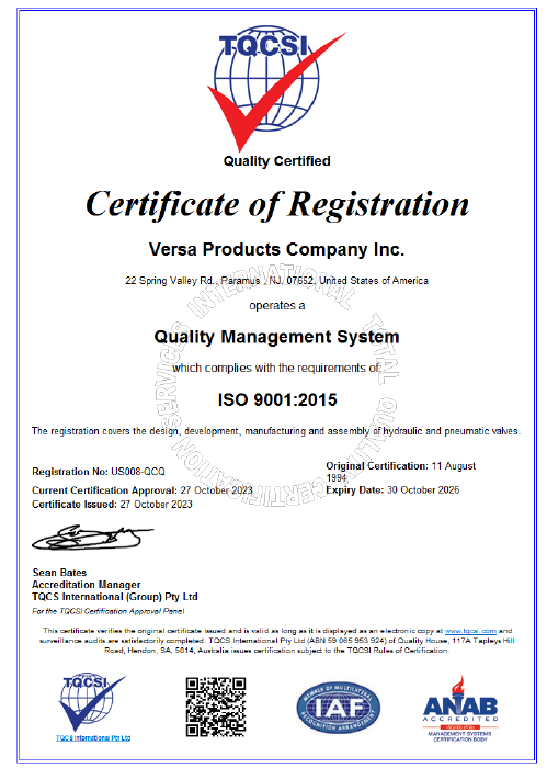 VERSA ISO 9001:2015 Certification